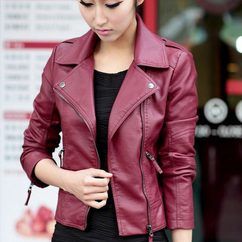 Women's Faux Leather Jacket Red Black Short PU Coat Motorcyclist Top Outerwear