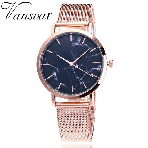 Vansvar Fashion Silver And Gold Mesh Band Creative Marble Wrist Watch Quartz Watches